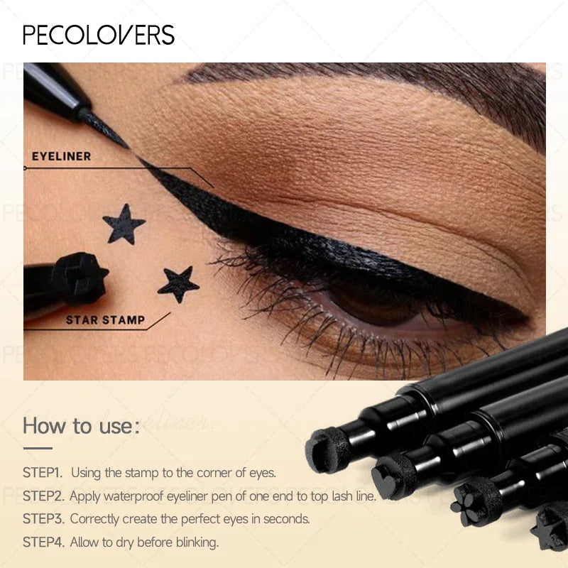 Blushimmer liquid eyeliner stamp with waterproof gel felt tip, featuring heart, star, triangle, and flower shapes for creative eye makeup.
