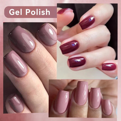 Blushimmer UR SUGAR 7ml gel nail polish set with nude pink, red, glitter shades for all-season semi-permanent UV manicures.