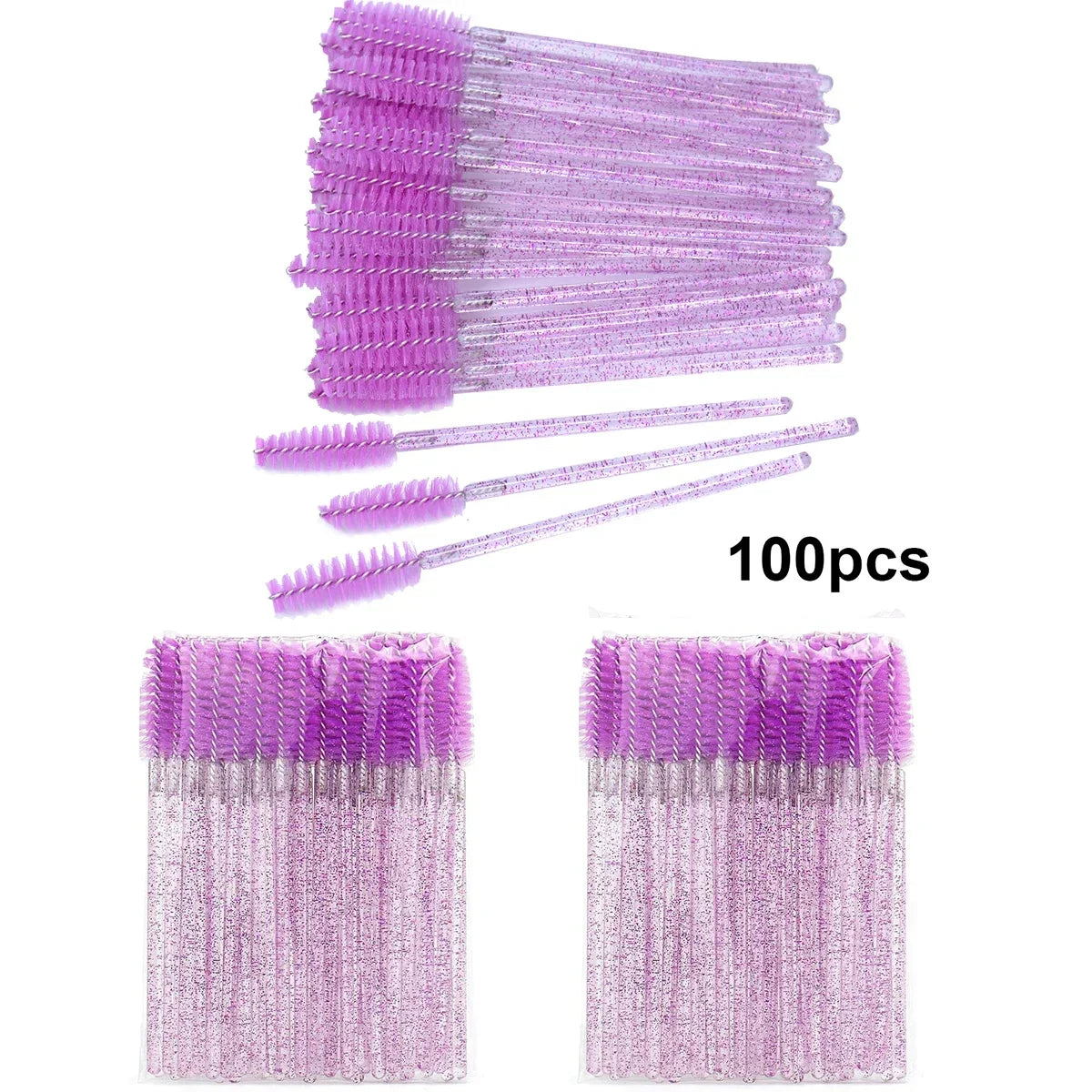 Set of 100 disposable eyelash brushes and spoolies by Blushimmer for eyelash extension and makeup application.