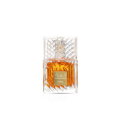 Blushimmer Lattafa Khamrah Vanilla Eau de Parfum bottle with warm spicy amber and cinnamon scent, 100ml long-lasting fragrance for unisex.