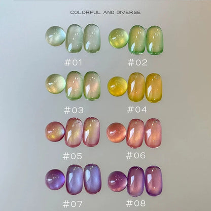 Blushimmer Mianel 12ml Emperor Green cat eye gel nail polish showing glossy green color and nail tips with a smooth finish.