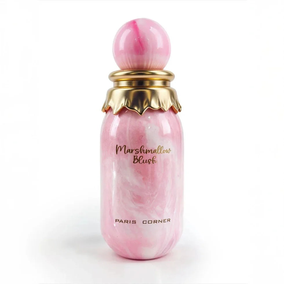Blushimmer Arab Marshmallow perfume woman’s long-lasting body spray with fruity notes and pheromones, featuring elegant floral bottle design.