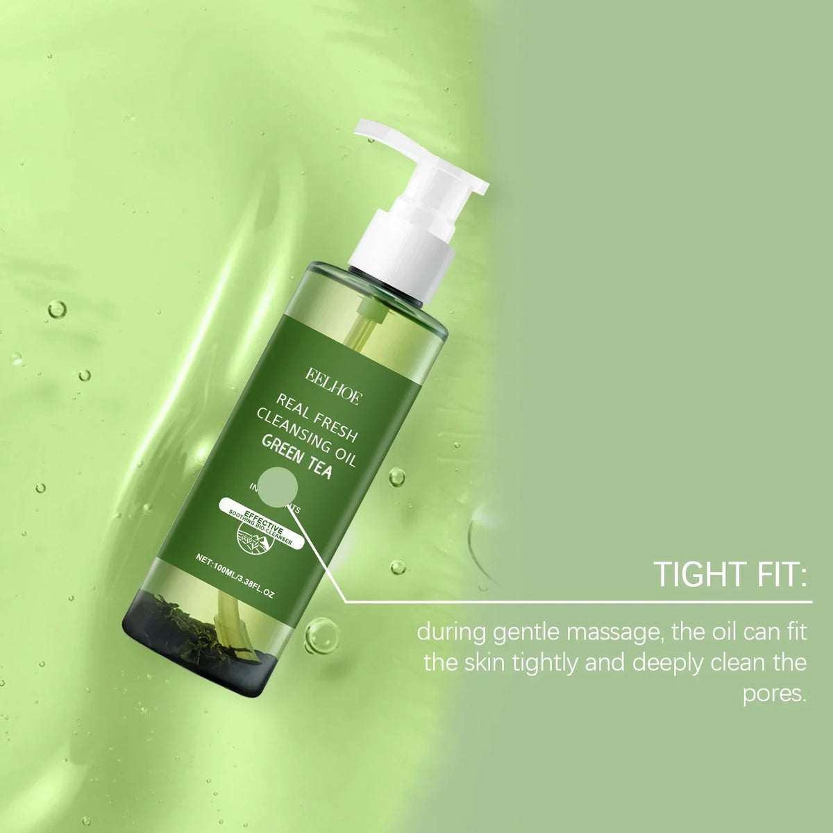 Blushimmer green tea cleansing oil in a 100ml bottle, with soothing, exfoliating, and makeup-removing features for refreshed skin.