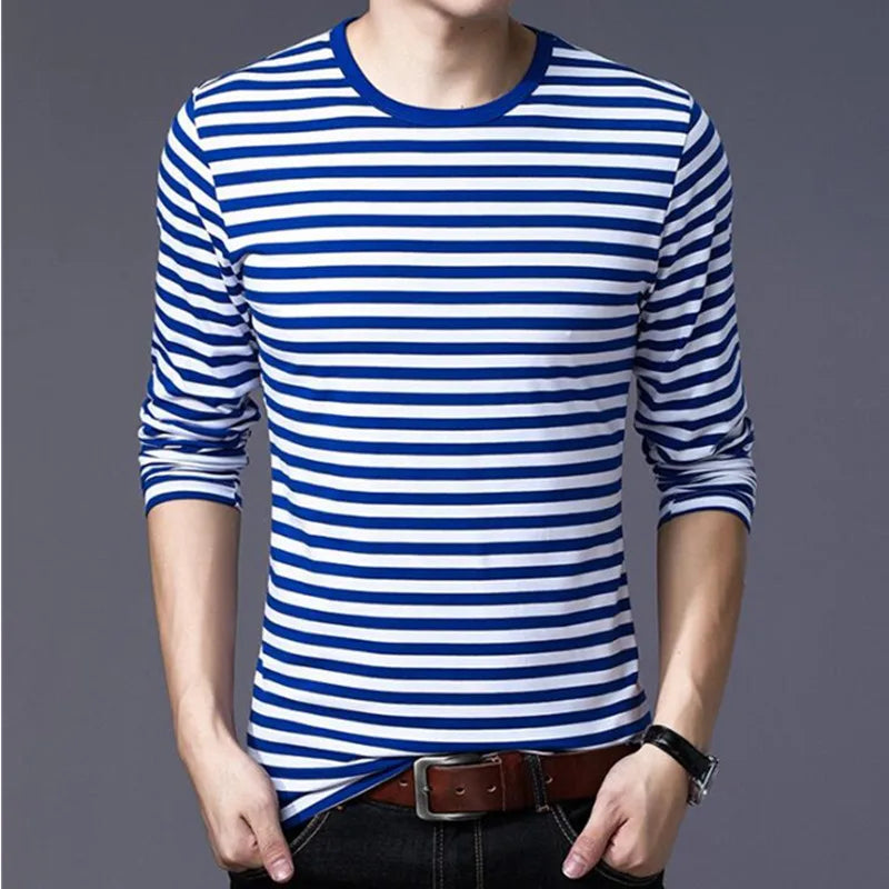Men's striped long-sleeved T-shirt from LIBRECLANS, casual and fashionable large-sized top with Harajuku-inspired style.