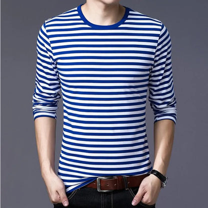 Men's striped long-sleeved T-shirt from LIBRECLANS, casual and fashionable large-sized top with Harajuku-inspired style.
