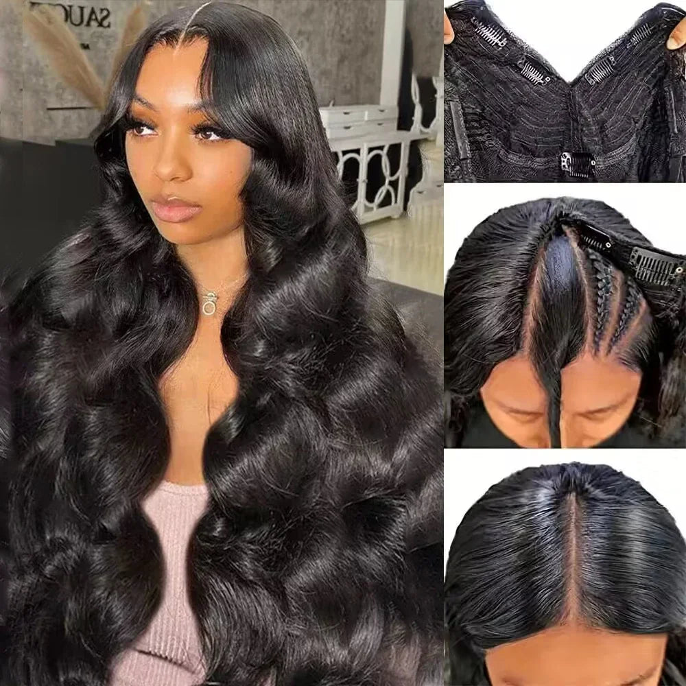 Glueless Body Wave V Part human hair wig in natural color, 30-32 inches, 200 density, ready-to-wear, for women.