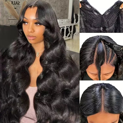 Glueless Body Wave V Part human hair wig in natural color, 30-32 inches, 200 density, ready-to-wear, for women.