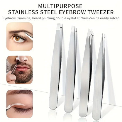 Blushimmer 4-piece professional stainless steel tweezers set with angled tips for eyebrow, beard, and hair removal.