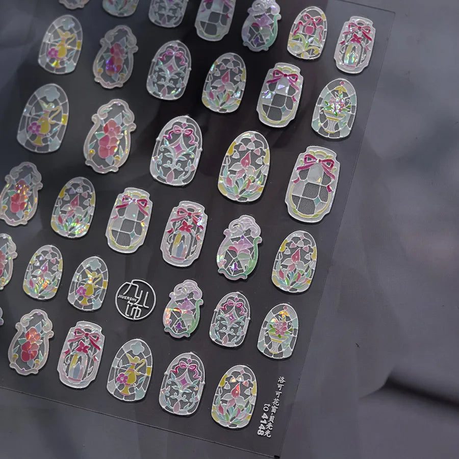 Blushimmer dream flower window shell nail art stickers with Japanese flower design, self-adhesive press-on nail decals.