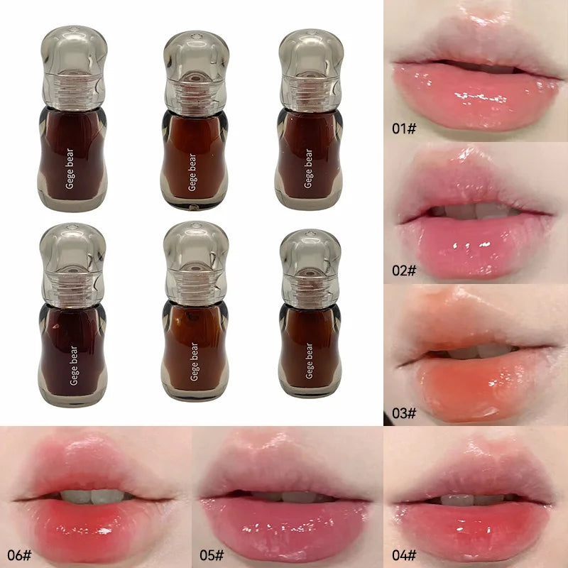 Blushimmer Gege Bear Crystal Gloss Lip Tint with mirror-gloss finish and hydrating, plumping formula in autumn/winter shades.