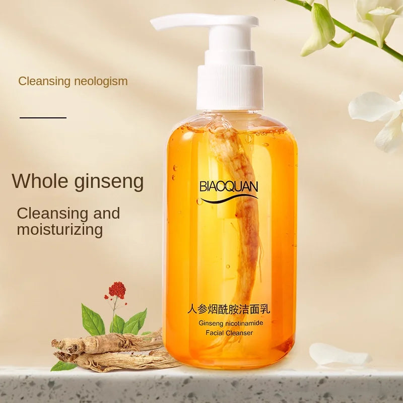 Blushimmer 200ml ginseng niacinamide facial cleanser for oil control and moisturizing, with a sleek pump bottle and skincare ingredients displayed.