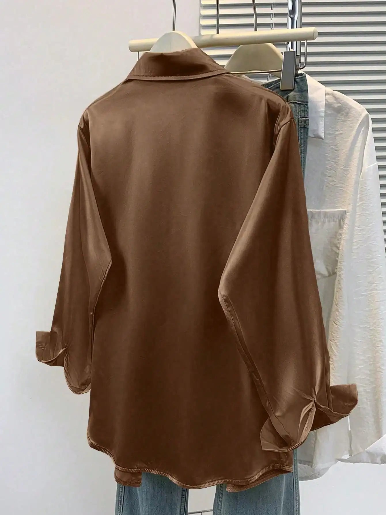 Women's Satin Button-Up Blouse, Elegant Collared Shirt for Office or Casual Wear, Autumn Winter Spring