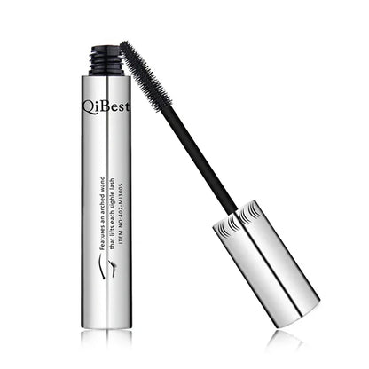 Black 4D silk fiber waterproof mascara by Blushimmer with thickening, lengthening 3D eyelash extension effect, shown on a makeup model