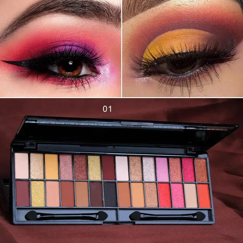 Blushimmer matte shimmer eyeshadow palette with 28 waterproof, long-lasting shades and dual-ended makeup brush.