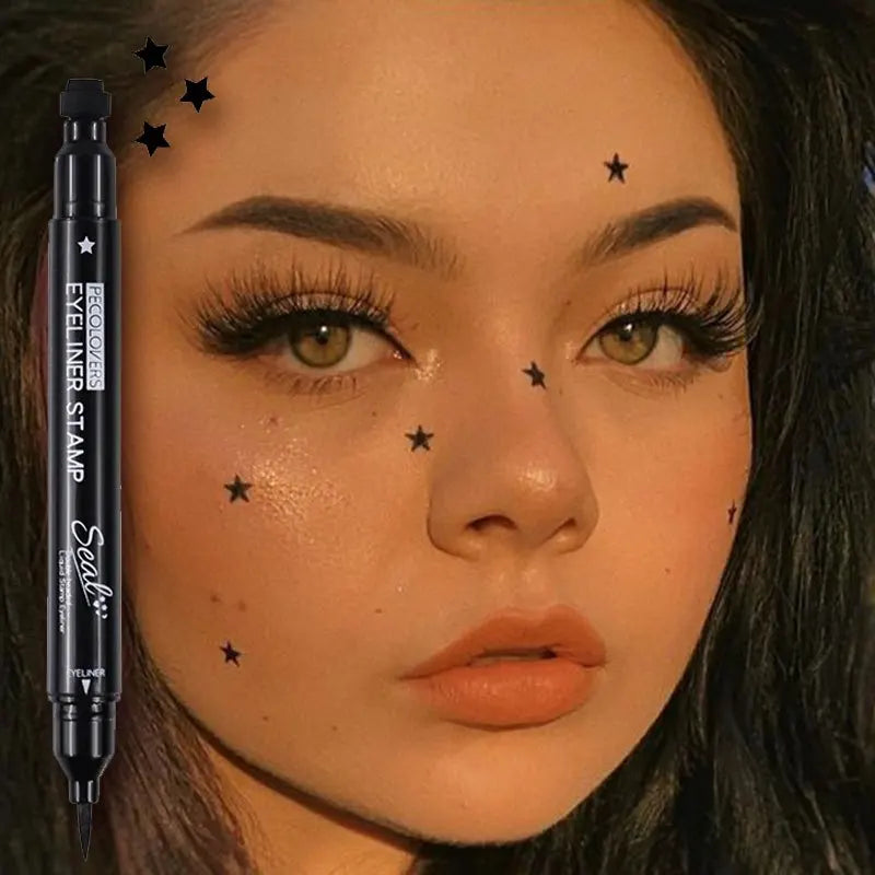 Black waterproof 2-in-1 star and moon stamp liquid eyeliner by Blushimmer, featuring star and moon-shaped stamps for creative eye looks.