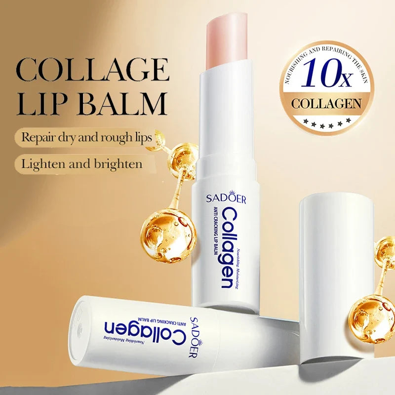 Blushimmer SADOER collagen lip balm with moisturizing, brightening, and repairing properties, shown in a sleek lipstick form.