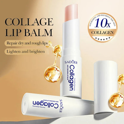 Blushimmer SADOER collagen lip balm with moisturizing, brightening, and repairing properties, shown in a sleek lipstick form.