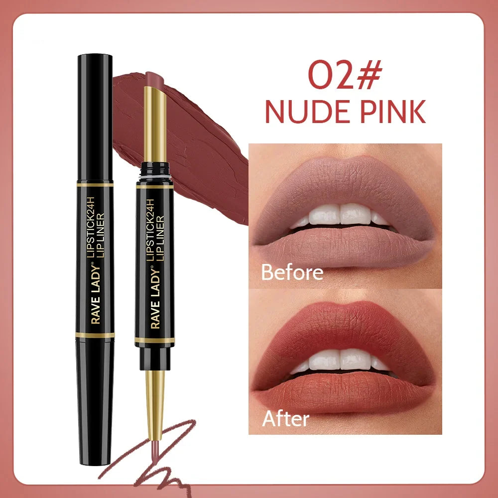 Blushimmer Rave Lady 2-in-1 matte lipstick and lipliner pencil in sexy red, waterproof, long-lasting makeup, Christmas gift-ready.