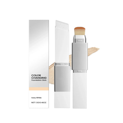 Blushimmer 2-in-1 color-changing foundation stick with double head brush, lightweight liquid base, brightening matte finish, makeup product