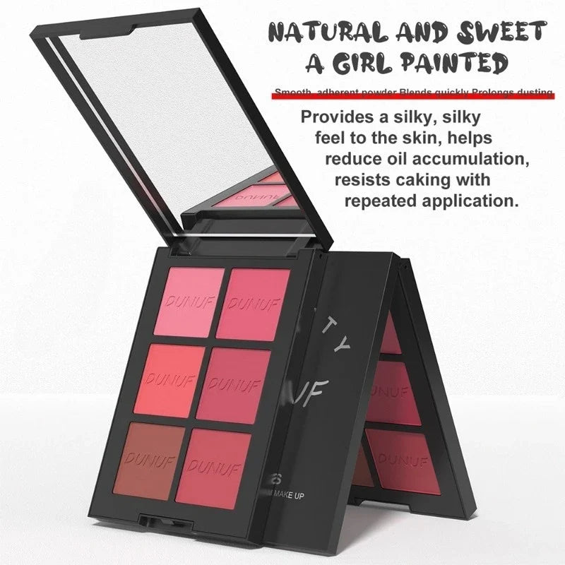 Blushimmer 6-color blush palette with highlighter, contour, and bronzing powders for natural, long-lasting daily makeup.