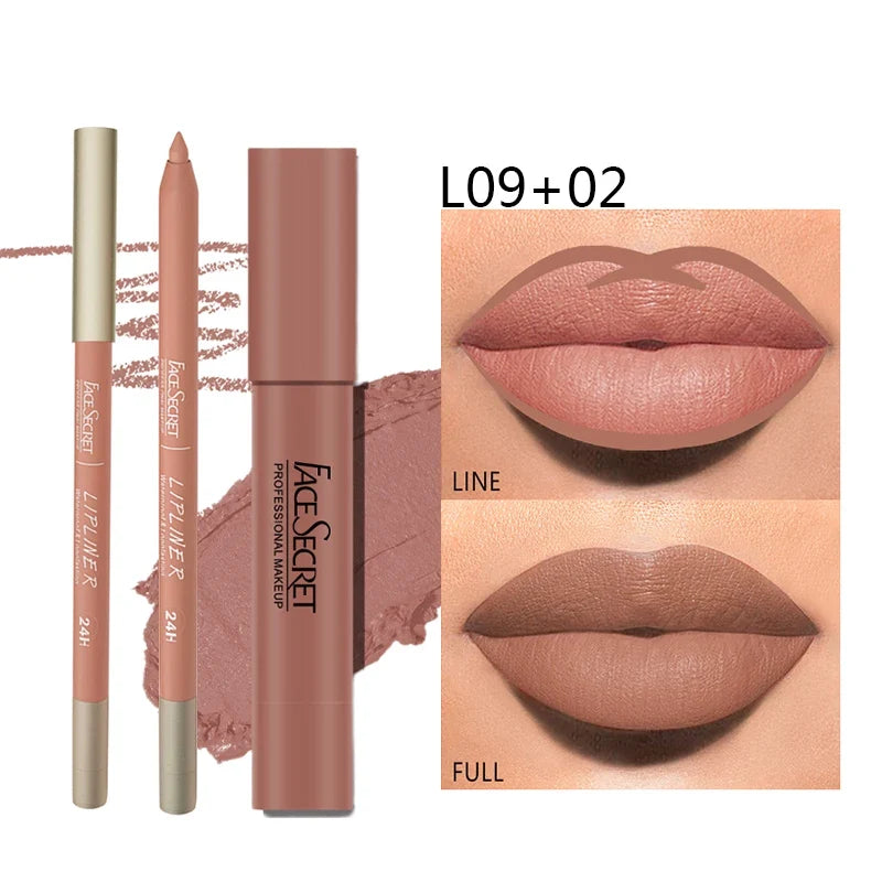 Blushimmer matte lipliner and lipstick set featuring waterproof, long-lasting lip makeup in soft matte shades, for women.