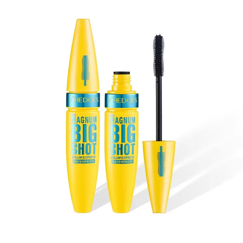 Black waterproof lengthening mascara by Blushimmer with thick, long-lasting black formula and visible brush applicator.