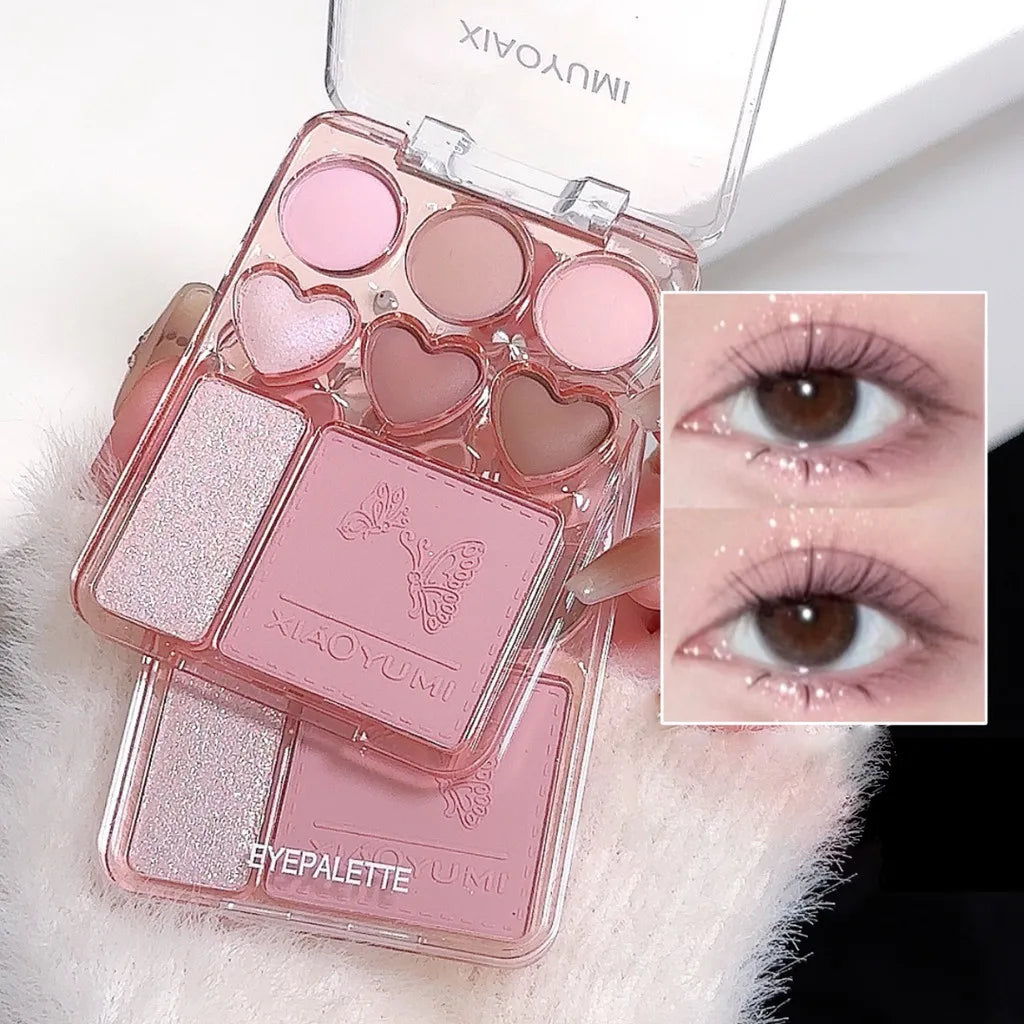 Blushimmer 8-color love eye shadow palette with natural blush, highlighter, and long-lasting shimmering light shades.