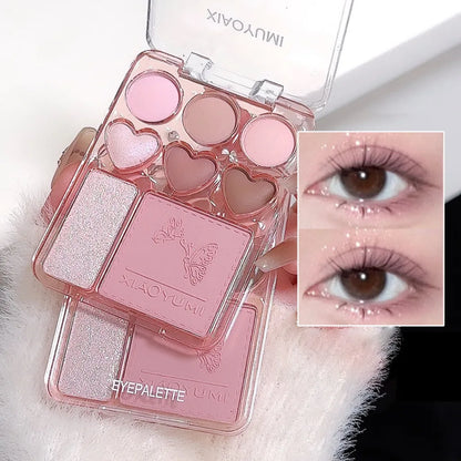 Blushimmer 8-color love eye shadow palette with natural blush, highlighter, and long-lasting shimmering light shades.