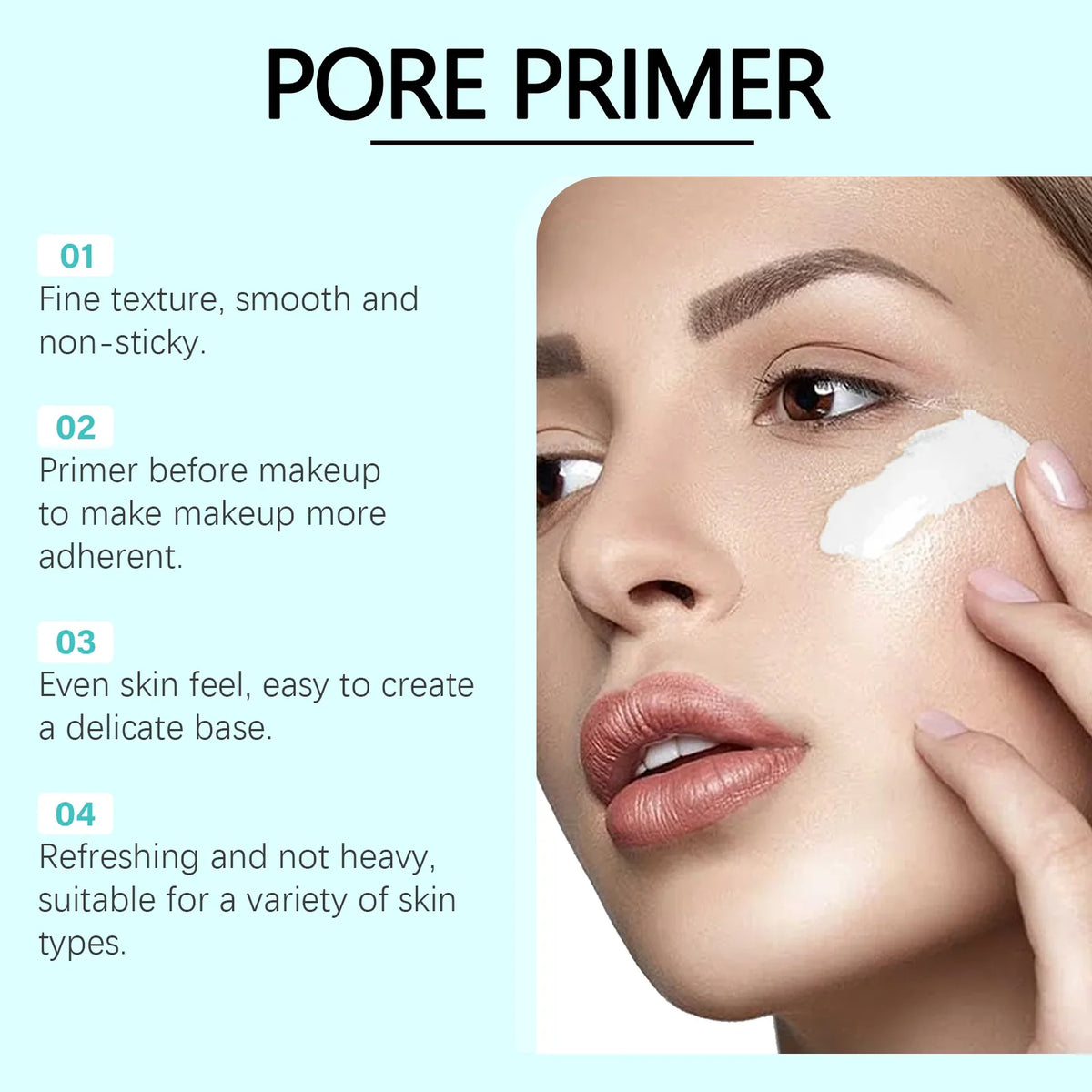 Blushimmer pre-makeup pore primer smoothing skin, controlling oil, moisturizing, and creating an even, invisible pore appearance.