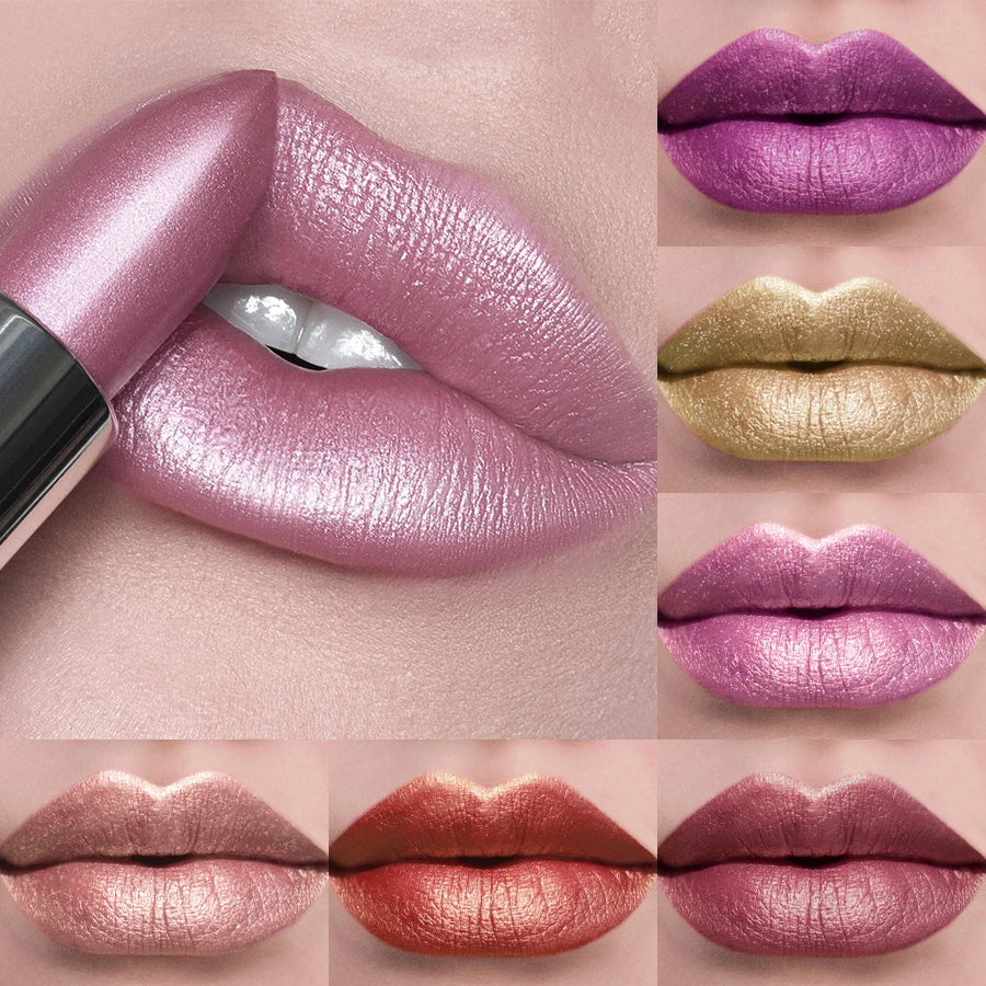 Blushimmer metallic lipstick with bold 21-color glitter and pearlescent finish, long-lasting shiny lip tint and matte lip makeup.