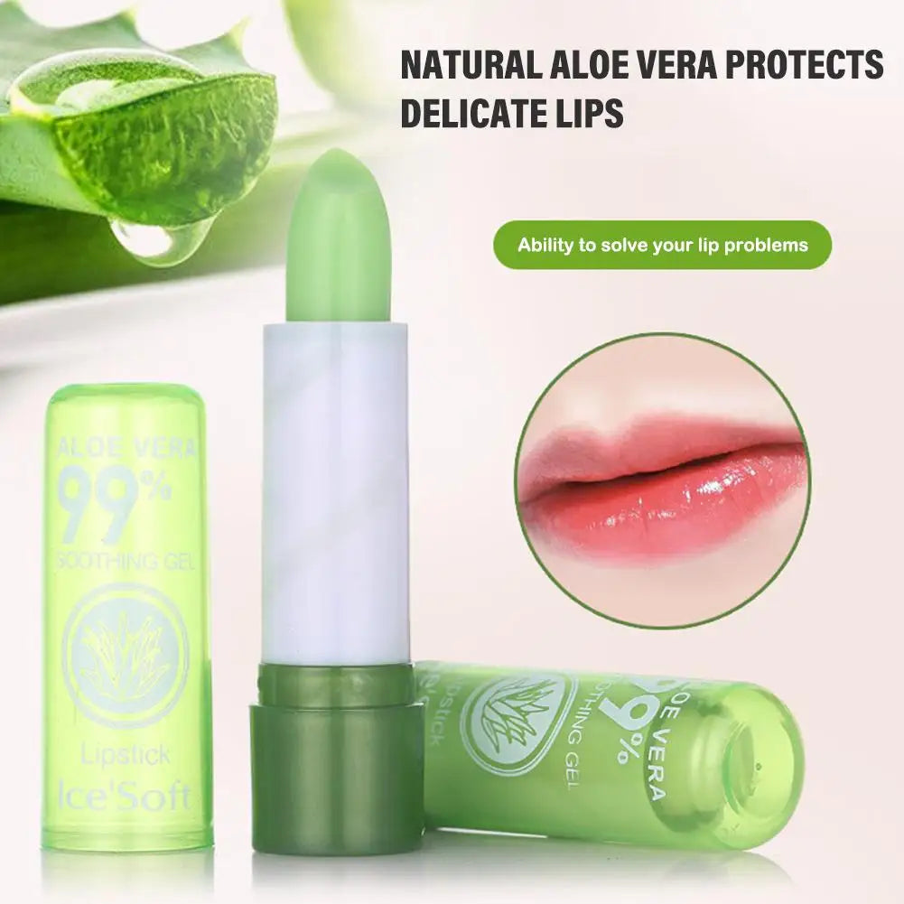 Blushimmer Aloe Vera moisturizing lipstick lip balm in a tube, showing nourishing, color-changing formula for dry lips.