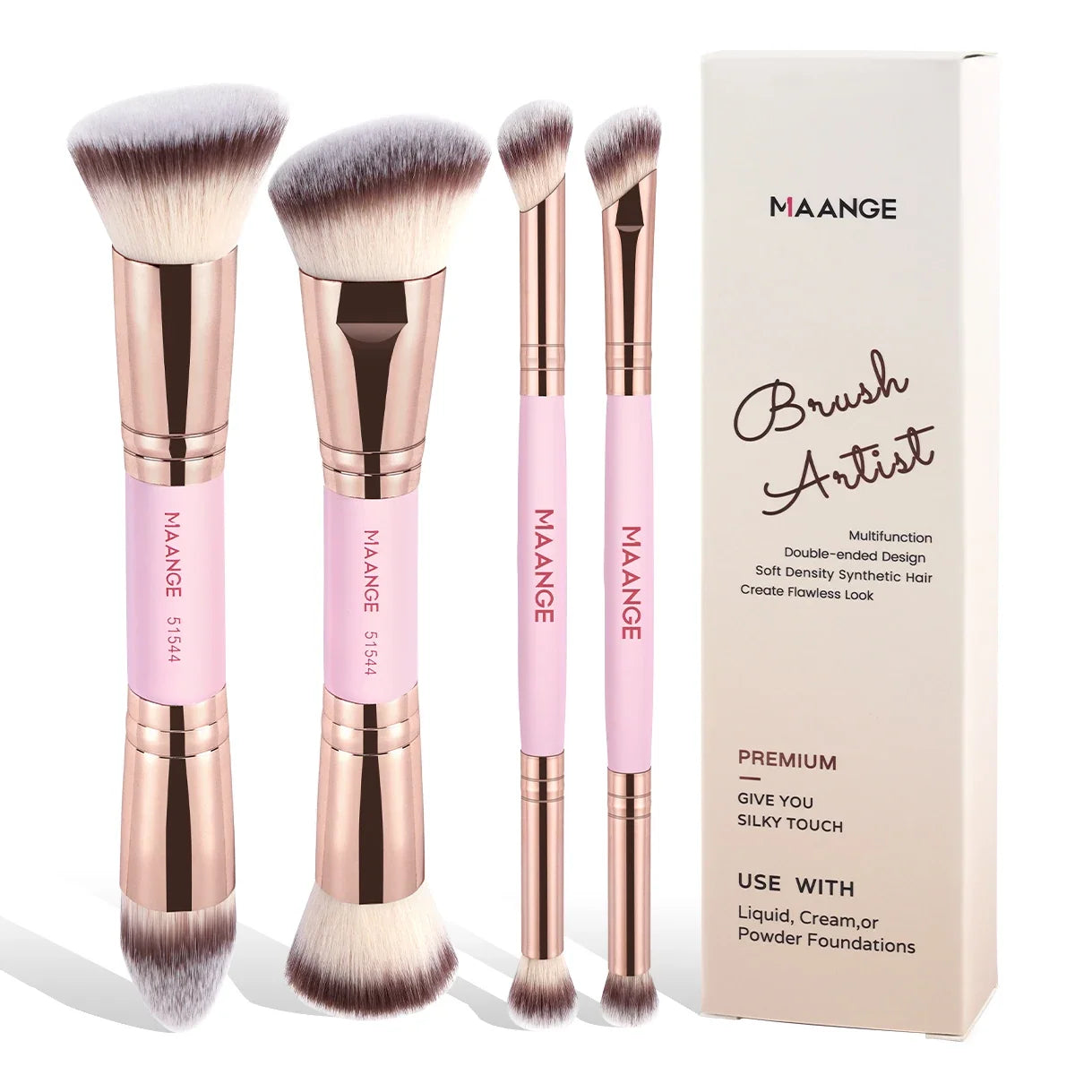 Blushimmer MAANGE 4-piece makeup brush set with box, includes dual-ended brushes for foundation, powder, blush, and eyeshadow.