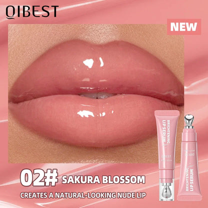 Blushimmer QIBEST mirror pearl lip gloss with shiny, moisturizing finish, long-lasting lipstick and glitter lip glaze on a model's lips.