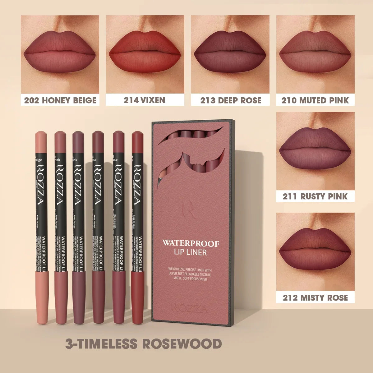 Blushimmer Rozza waterproof lip liner pencil set featuring weightless, precise, matte soft blendable lip liners in various shades.