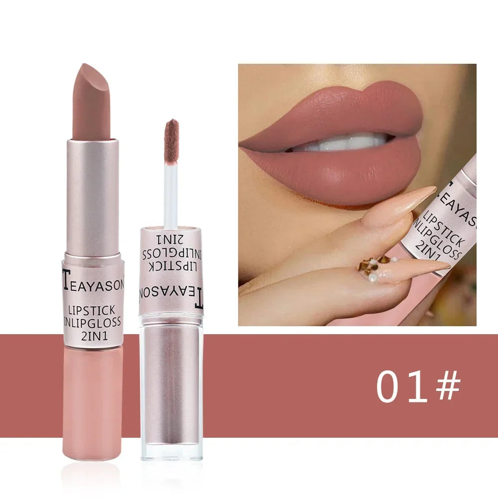 Blushimmer 2-in-1 velvet matte lipstick and lip gloss in red, featuring a double head design, waterproof, non-stick cup.