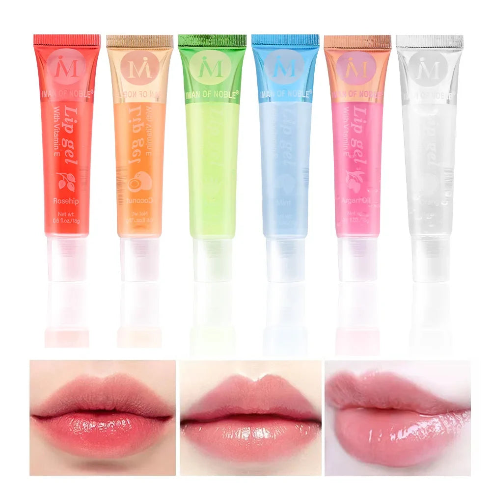 Set of 6 fruity flavor watery glossy lip glosses by Blushimmer, featuring clear, hydrating, and moisturizing lip gel for women.