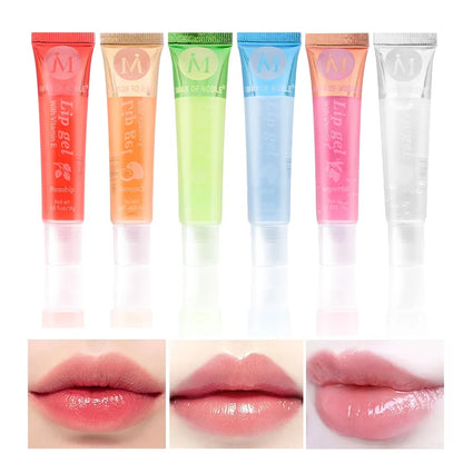 Set of 6 fruity flavor watery glossy lip glosses by Blushimmer, featuring clear, hydrating, and moisturizing lip gel for women.