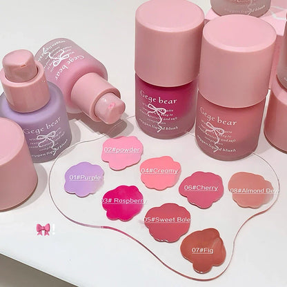 Blushimmer Gege Bear Light Blush liquid blush with moisturizing and brightening effects, featuring natural pink hue and mirror finish.