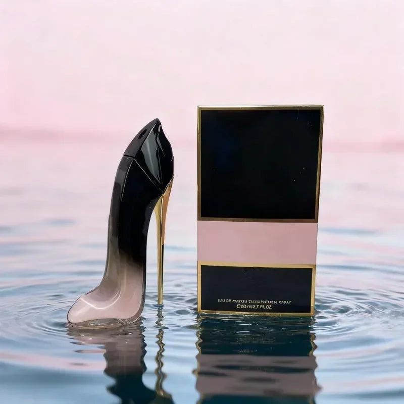 Elegant 80ml Blushimmer floral perfume bottle with a high heel design, showcasing the luxury spray and deodorant inside.