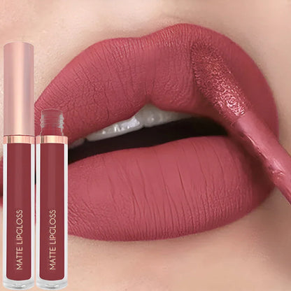 Blushimmer 12-color creamy matte lip gloss set featuring long-lasting, moisturizing nude, berry, and rose shades with plump finish.