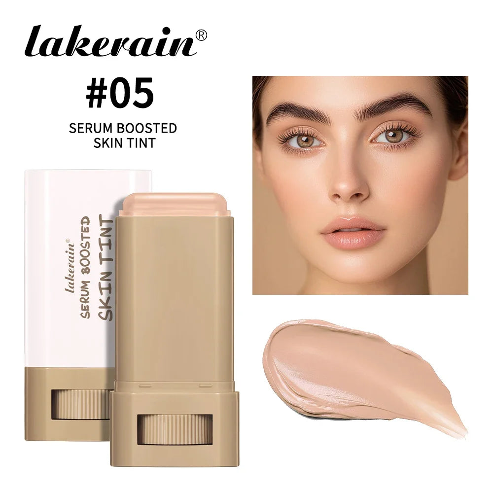 Blushimmer skin tint foundation stick with concealer, serum boost, and high coverage, featuring a travel-sized bronzer for smooth, plumped skin.