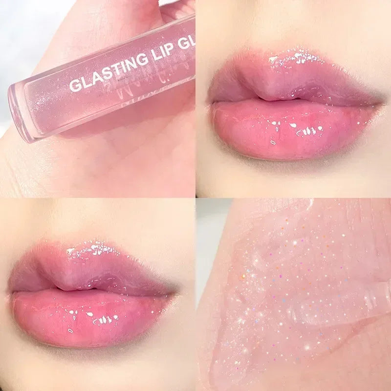 Blushimmer transparent glass lip gloss with water-inspired shine and lasting, waterproof liquid lipstick for shiny lips.