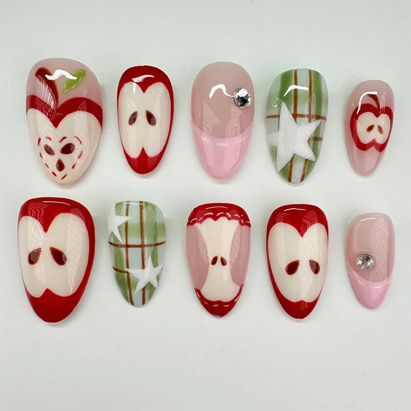 Blushimmer 24-piece wine red almond press-on nails with cartoon rabbit, bowknot, plaid, pearl designs, French style, detachable fake nails