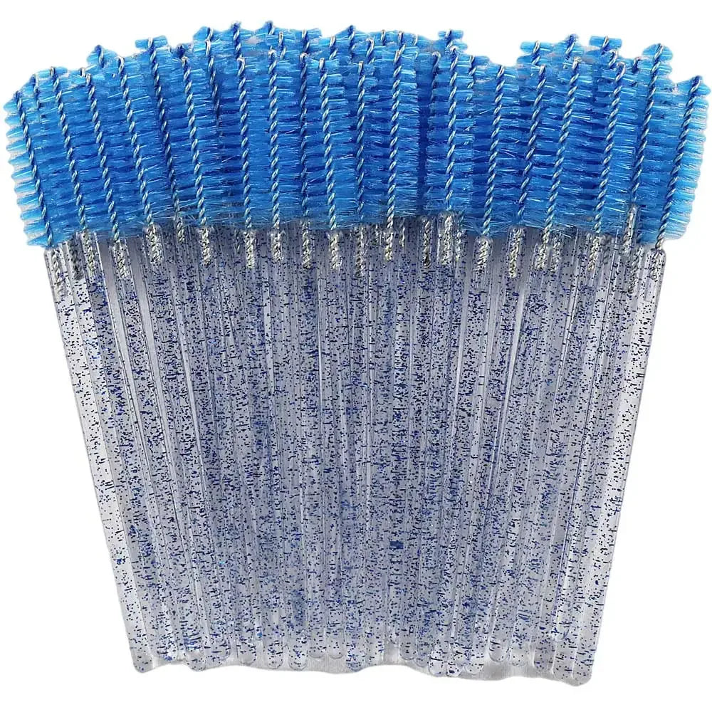 Set of 50 disposable Blushimmer eyelash brushes with crystal handles, mascara wands, and eyebrow applicators for lash extension and makeup.