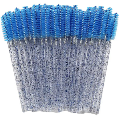 Set of 50 disposable Blushimmer eyelash brushes with crystal handles, mascara wands, and eyebrow applicators for lash extension and makeup.