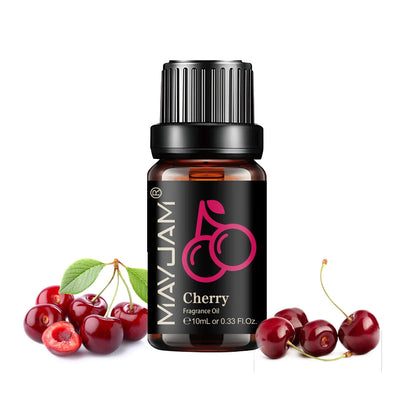 Blushimmer MAYJAM fruit essential oil bottle with cherry, banana, papaya, grape, litchi, guava, kiwifruit, pear, and fig fragrances.
