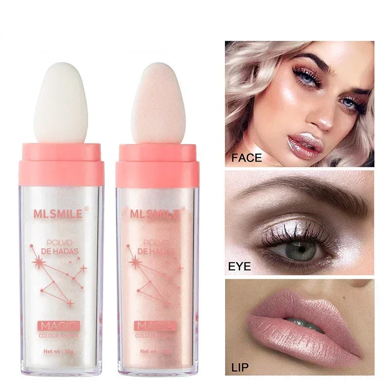 Blushimmer Shimmer Fairy Powder highlighter in white loose face and body glitter with bronzer and illuminator for radiant makeup looks