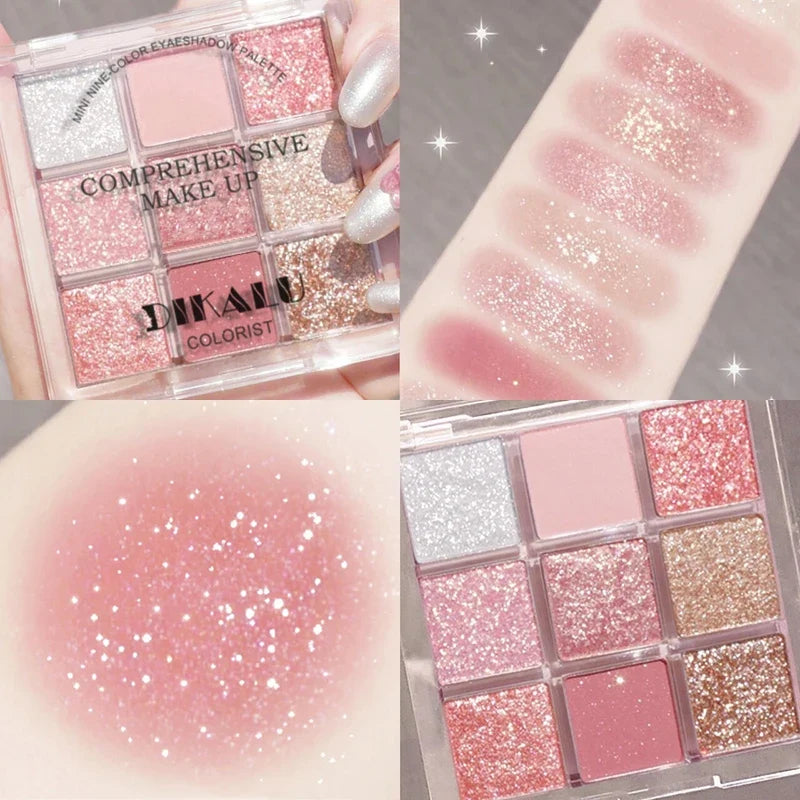 Blushimmer DIKALU eyeshadow palette with nine rosy, low-saturation smoke shades in a rose-themed palette.