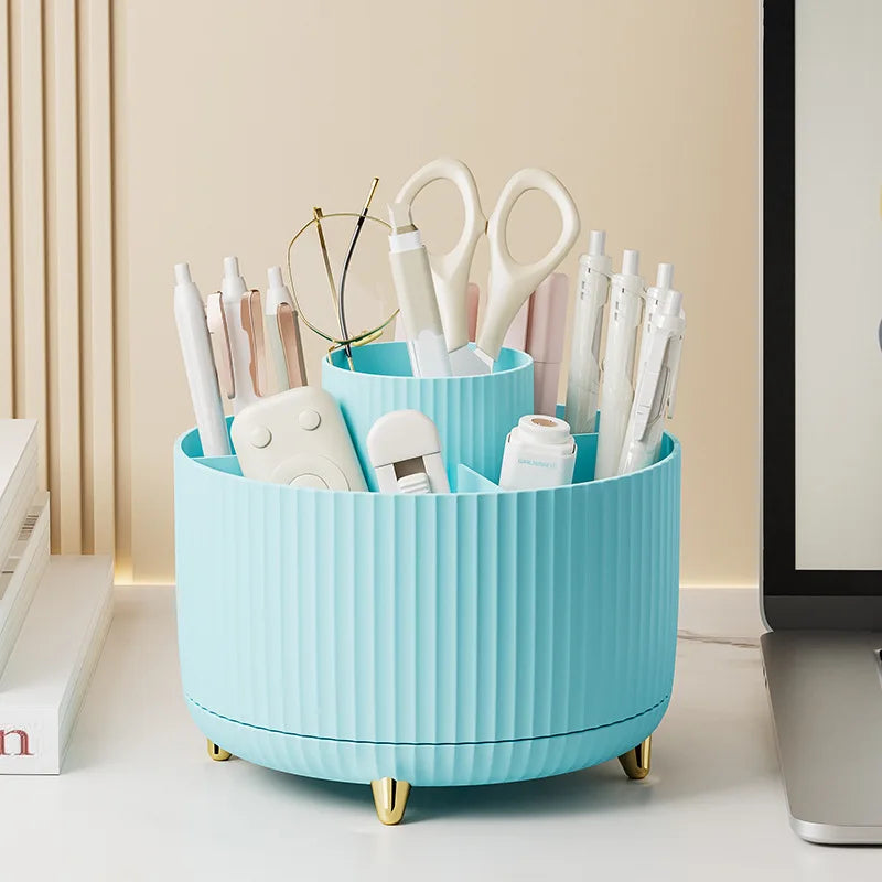 Blushimmer 360 rotating makeup storage box with large capacity for lipstick, brushes, and pens, ideal for bathroom organization.