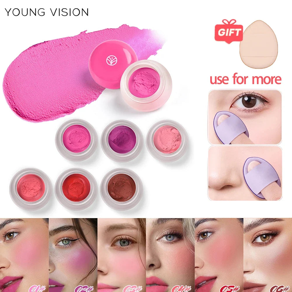 Blushimmer 6-color mousse texture powder blush with matte velvet finish, includes finger puff for easy application